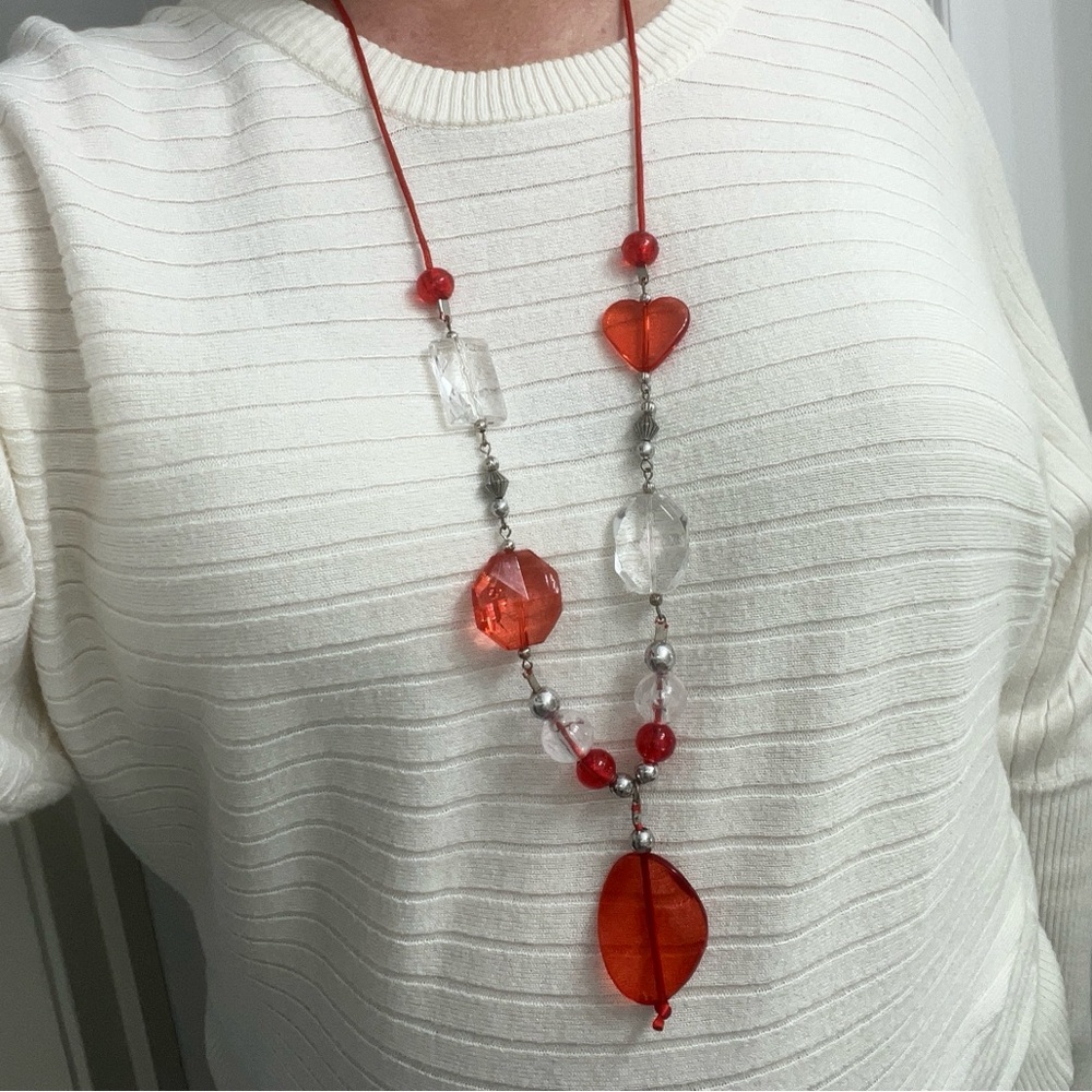Long Red & Clear Beaded Statement Necklace – 40”